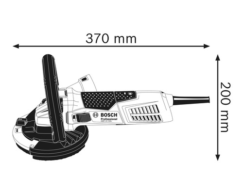 Bosch Mauernutfräse mit Abmessungsangaben 370 mm Länge und 200 mm Höhe