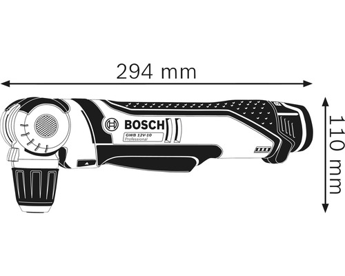 Bosch GWB 12V-10 Professional Akku-Winkelbohrmaschine mit den Massen 294 mm Länge und 110 mm Höhe.