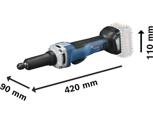 Bosch Professional Akku-Geradschleifer mit Abmessungen 420 mm Länge, 90 mm Breite und 110 mm Höhe