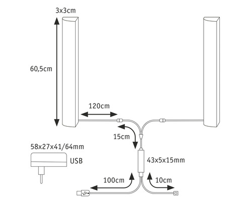 Technische Zeichnung eines Lichtsystems mit Maßen.