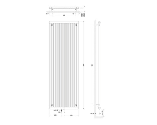 Technische Zeichnung eines Heizkörpers mit Maßangaben
