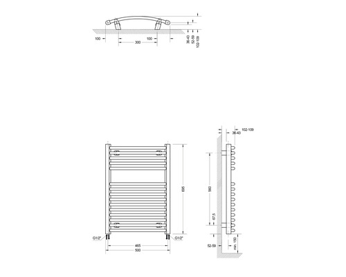 Technische Zeichnung eines Badheizkörpers mit Maßangaben