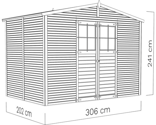 Abbildung eines Gartenhauses mit den Maßen 306 cm Breite, 202 cm Tiefe und 241 cm Höhe.