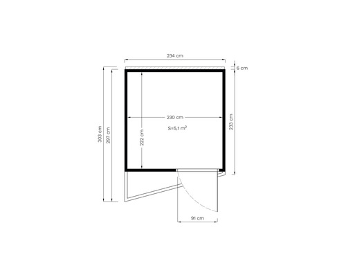Grundrisszeichnung eines Gartenhauses mit Maßangaben