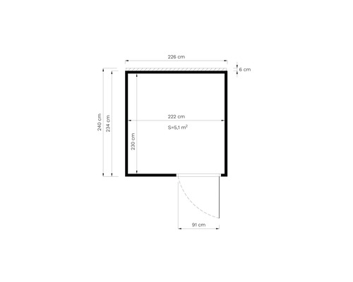 Grundrisszeichnung eines Gartenhauses mit Tür und Größenangaben in Zentimetern