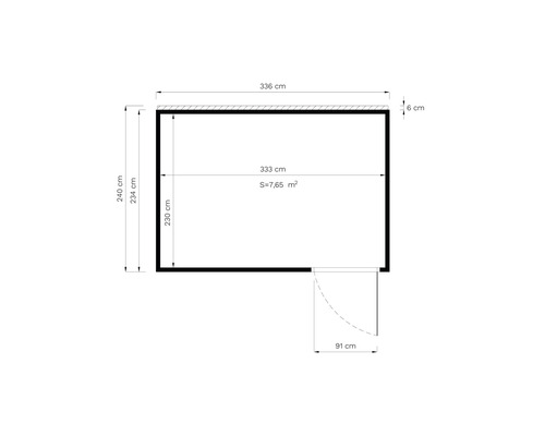 Grundriss mit den Maßen 336 cm Länge, 240 cm Breite, 7,65 Quadratmeter Fläche und einer 91 cm breiten Tür