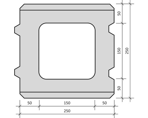 Technische Zeichnung eines Schalungssteins mit Maßen