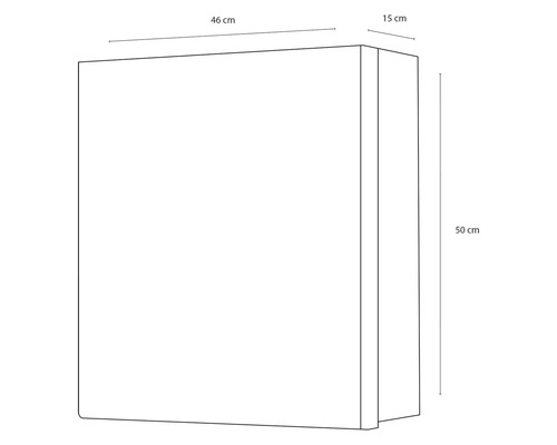 Skizze eines Schrankes mit den Maßen 46 cm Breite, 50 cm Höhe und 15 cm Tiefe.