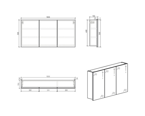 Technische Zeichnung eines Spiegelschranks mit drei Türen und Maßangaben