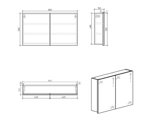 Schéma technique d''une armoire de toilette avec dimensions