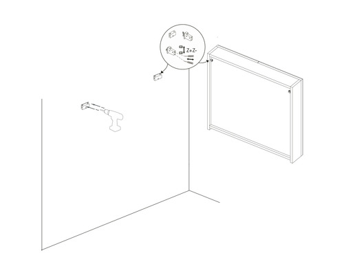 Schéma de montage mural d''une armoire murale avec vis et outils