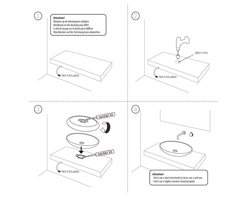 Instructions de montage d''un lavabo en quatre étapes