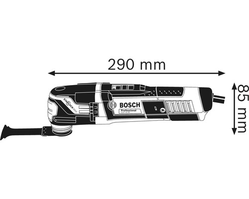 Dimensions de l''outil multifonction Bosch: 290 mm de longueur, 85 mm de hauteur