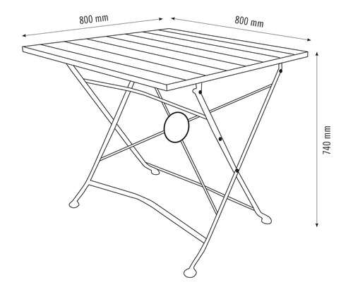 Dessin technique d''une table de jardin avec des dimensions de 800 x 800 x 740 mm
