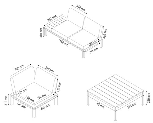 Maße des Gartenmöbel-Sets bestehend aus Sofa, Eckteil und Tisch