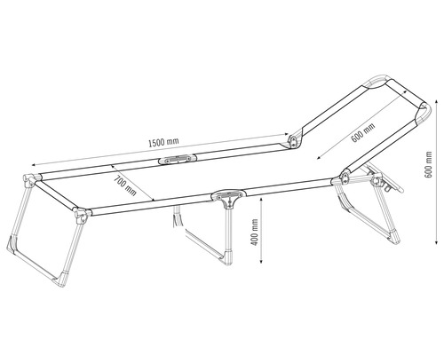 Dessin technique d''une chaise longue de jardin avec dimensions.