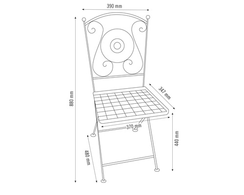 Technische Zeichnung eines Gartenstuhls mit Maßangaben