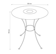Technische Zeichnung eines runden Gartentisches mit den Maßen 600 mm Durchmesser und 700 mm Höhe.