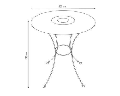 Schéma technique d''une table de jardin ronde avec des dimensions de 600 mm de diamètre et 700 mm de hauteur.