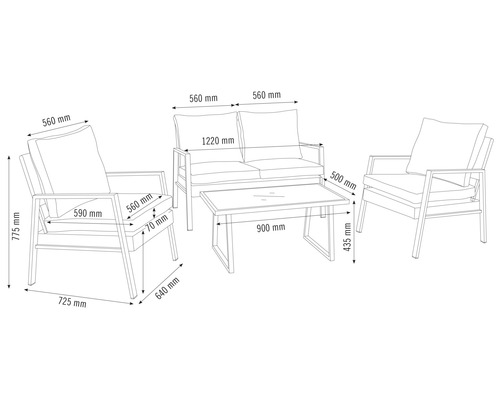 Schéma technique d''un ensemble de meubles de jardin comprenant un canapé, deux fauteuils et une table avec des dimensions.