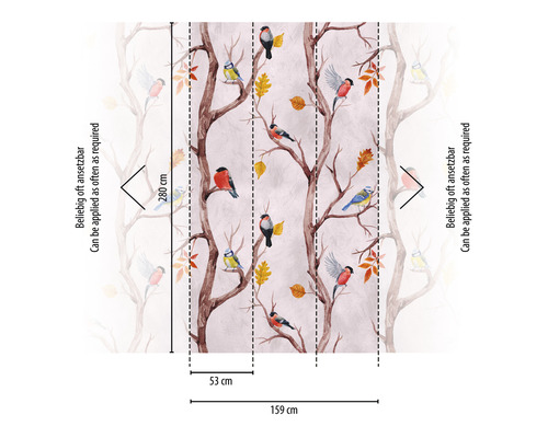 Tapete mit Baumästen, Blättern und Vögeln, Maße dargestellt