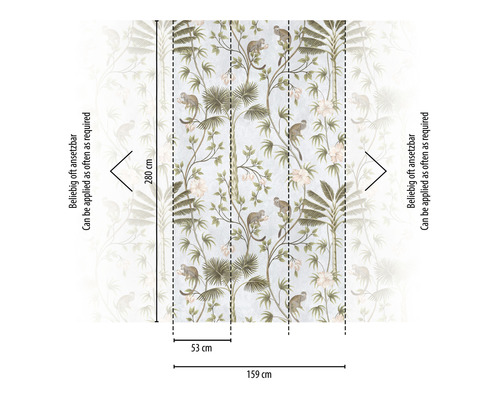 Tapete mit Äffchen-, Blumen- und Palmenmuster mit Maßangaben