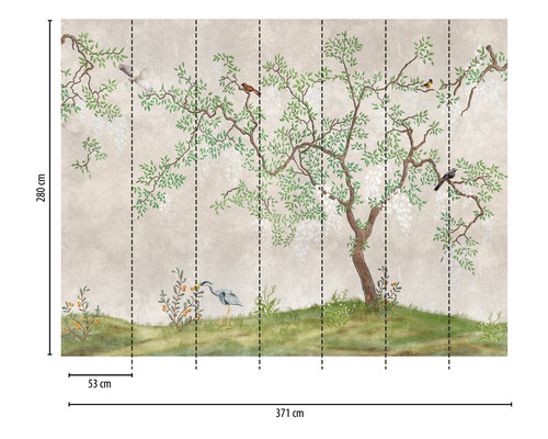 Papier peint avec motifs d''arbres, d''oiseaux et de plantes, dimensions 371 cm de largeur et 280 cm de hauteur