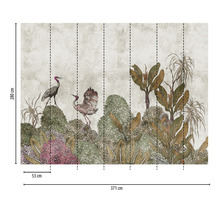 Papier peint avec des grues et des plantes tropicales, dimensions 371 cm x 280 cm