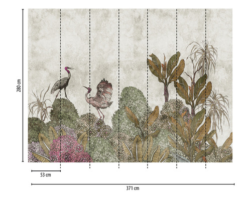 Papier peint avec des grues et des plantes tropicales, dimensions 371 cm x 280 cm