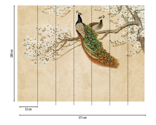 Papier peint photo avec des paons sur un arbre en fleurs