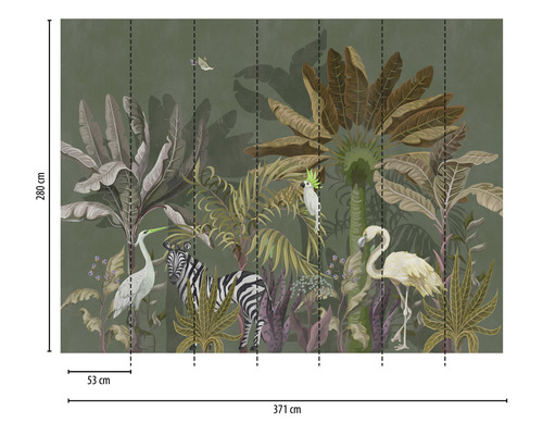 Papier peint avec motif de jungle, composé de plantes, zèbre, héron, cacatoès et flamant rose, taille 280 cm x 371 cm