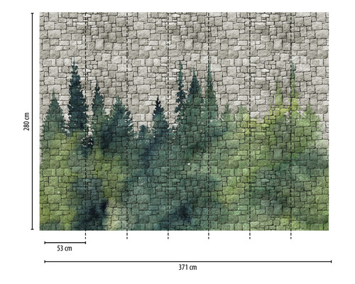 Papier peint photo avec mur de pierre et motif de forêt, dimensions 371 x 280 cm