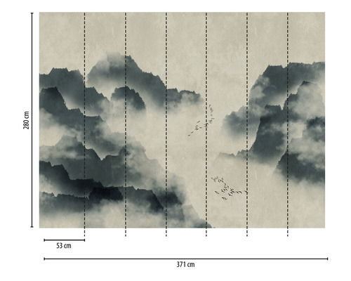 Papier peint photo avec paysage de montagne et motif d''oiseaux mesurant 280 x 371 cm