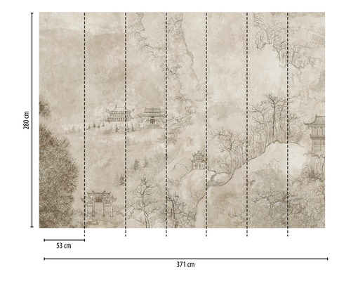 Papier peint avec motif de paysage asiatique et indications de taille