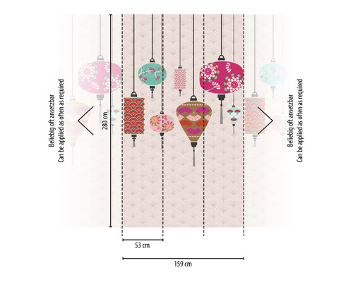 Tapete mit asiatischen Laternen und Maßangaben