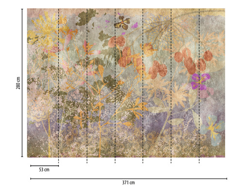 Fototapete mit Blumenmuster und den Maßen 371 cm Breite und 280 cm Höhe