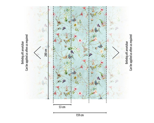 Tapete mit Blumen- und Schmetterlingsmuster, Rapport 53 cm, Höhe 280 cm
