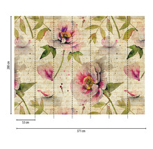 Fototapete mit Blumenmuster und Schriftzug, 371 mal 280 cm