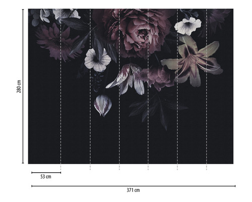 Fototapete mit dunklem Blumendesign, Abmessungen 371 cm x 280 cm
