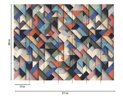 Papier peint intissé avec motif géométrique de triangles et indications de taille