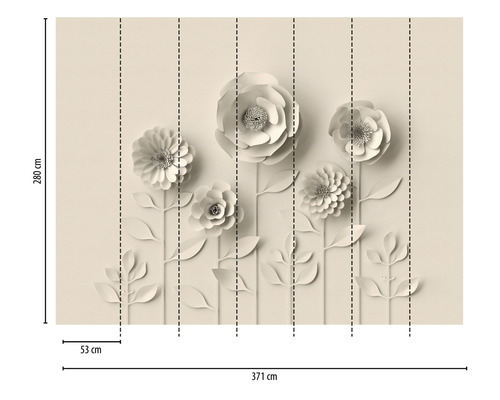 Fototapete mit Blumenmotiv und Maßangaben