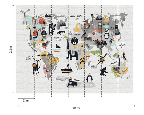 Wandbild mit Weltkarte und Tiermotiven, Abmessungen 371 cm mal 280 cm