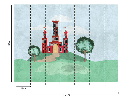 Image murale avec un château sur une colline, des arbres et des nuages, dimensions 371 sur 280 centimètres