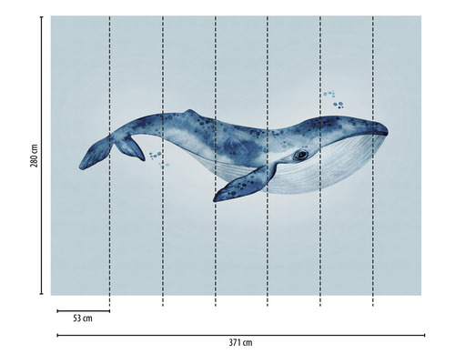Image murale avec motif de baleine et indications de dimensions 280 x 371 centimètres