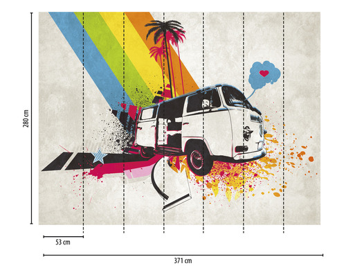 Papier peint photo représentant un bus, des palmiers et des éléments colorés