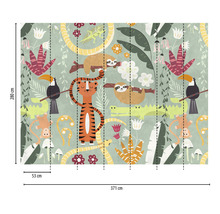 Papier peint photo avec motif jungle, comprenant un tigre, un paresseux et un toucan