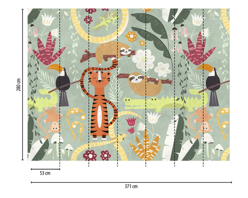 Papier peint photo avec motif jungle, comprenant un tigre, un paresseux et un toucan