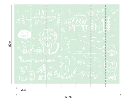 Papier peint photo avec des dessins enfantins d''animaux et des inscriptions