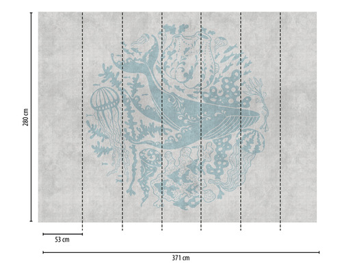 Papier peint photo avec motif de baleine, de méduse et de récif corallien mesurant 371 sur 280 centimètres.