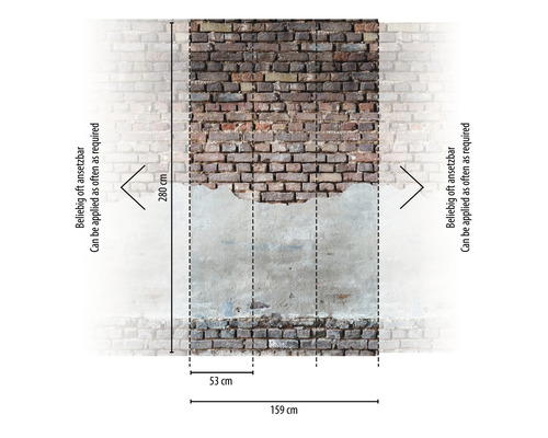 Fototapete mit Backstein- und Putzstruktur, Maße 159 mal 280 cm